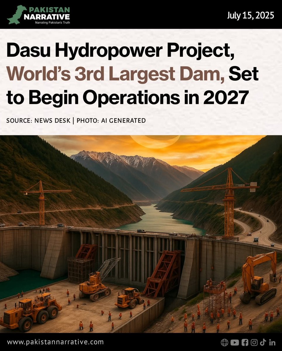 narrative_pk's tweet photo. The Dasu Hydropower Project, one of the world’s largest run-of-river hydroelectric projects, is on track to begin generating electricity by 2027, marking a major milestone in Pakistan’s energy and infrastructure development.

#DasuHydropowerProject #CleanEnergy #PoweringPakistan https://t.co/ilzERwWFxj