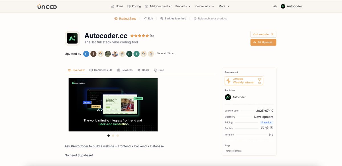 autocoder_cc's tweet image. 🎉 We did it! @Autocoder_dev just hit #1 on @Uneed
weekly top list!
😍 Huge shoutout to our incredible community for the love and support! Let's keep pushing the future of coding together! #Uneed #CodingRevolution