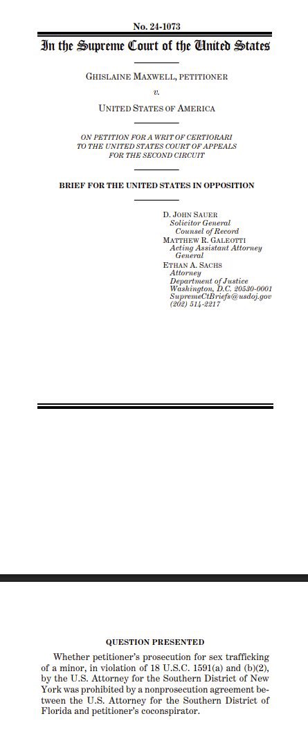 stevearkwright's tweet image. Biden admin. couldn’t release Epstein Files as Maxwells’ appeal was still ongoing (sub-judice).

Also, box-filled rooms of collated files + evidence aren’t normally publicly released by F.B.I.

Now Trumps’ DoJ further delays Maxwells’ case/potential release via @USSupremeCourt:—