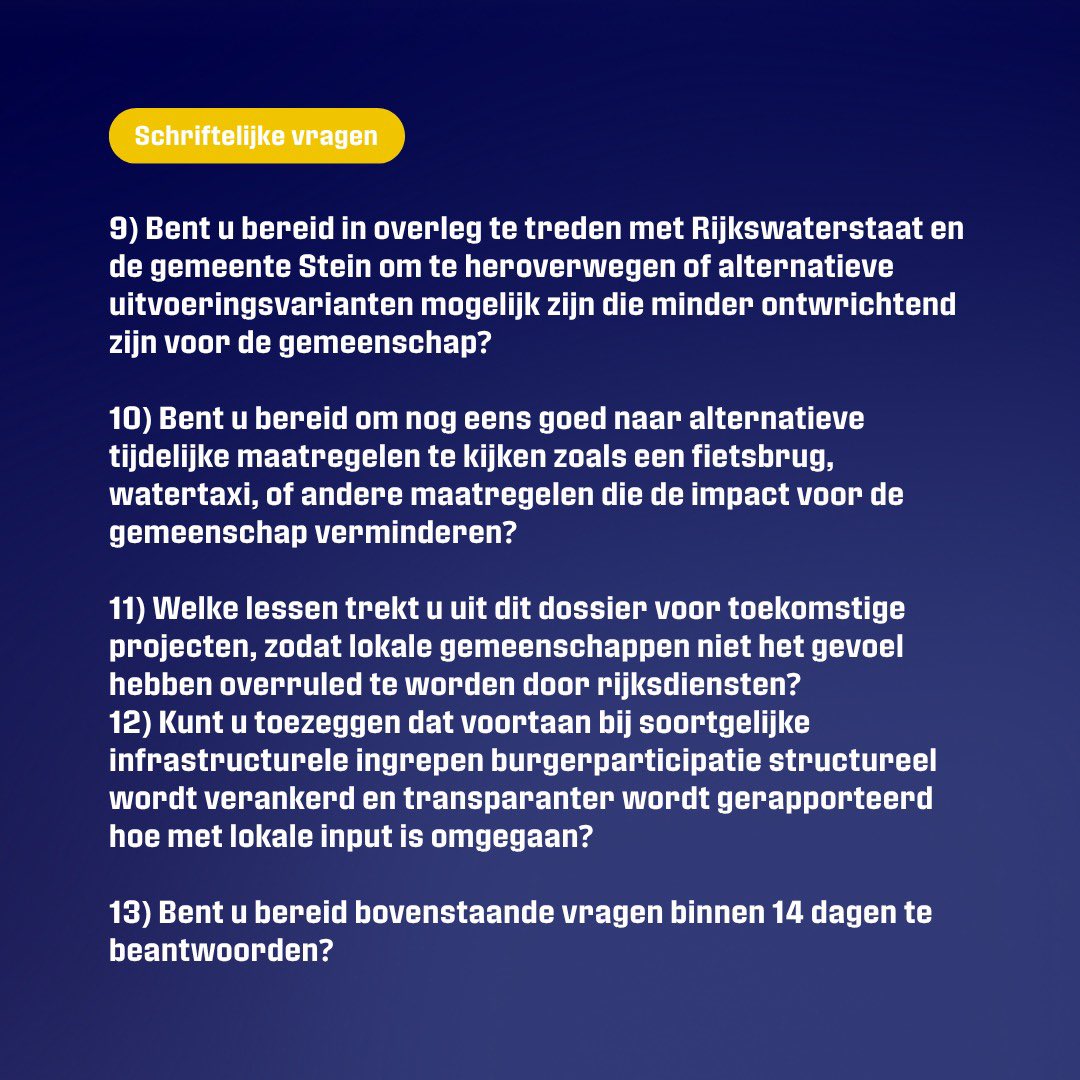 Natascha Wingelaar (@wingelaarn) on Twitter photo 📣 Brug Urmond dicht – zorgen inwoners genegeerd?
Rijkswaterstaat sluit de brug over het Julianakanaal in Urmond anderhalf jaar volledig af. Daarom, samen met <a href="/OlgervanDijk/">Olger van Dijk</a>, onderstaande vragen aan <a href="/MinisterIenW/">Robert Tieman</a>!
#NieuwSociaalContract #Urmond #Burgerparticipatie #Rijkswaterstaat 📣 Brug Urmond dicht – zorgen inwoners genegeerd?
Rijkswaterstaat sluit de brug over het Julianakanaal in Urmond anderhalf jaar volledig af. Daarom, samen met <a href="/OlgervanDijk/">Olger van Dijk</a>, onderstaande vragen aan <a href="/MinisterIenW/">Robert Tieman</a>!
#NieuwSociaalContract #Urmond #Burgerparticipatie #Rijkswaterstaat