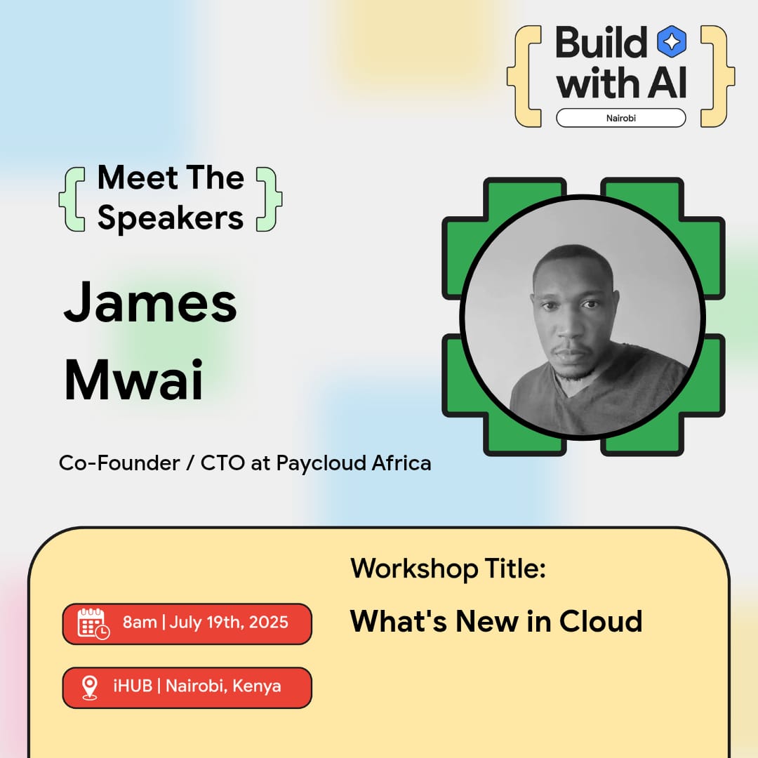 GDG Nairobi #DevFestNairobi #DevFest2024 (@gdg_nairobi) on Twitter photo Cloud gazing anyone?☁️😅
<a href="/jmwai/">James Mwai</a>, a visionary Co-Founder & CTO, is set to unravel the future of cloud technology at Build with AI Nairobi -"What's New in Cloud" 🤩
Insights right, left and center😌...that will elevate your understanding on July 19th at iHUB! Cloud gazing anyone?☁️😅
<a href="/jmwai/">James Mwai</a>, a visionary Co-Founder & CTO, is set to unravel the future of cloud technology at Build with AI Nairobi -"What's New in Cloud" 🤩
Insights right, left and center😌...that will elevate your understanding on July 19th at iHUB!