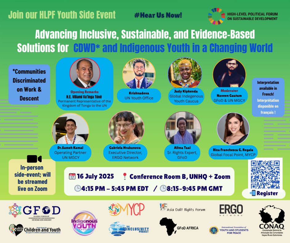 Join us! 📢 #HearUsNow: Advancing Inclusive, Sustainable, and Evidence-Based Solutions for CDWD &amp; Indigenous Youth 
🗓July 16, 2025 | 16:15–17:45 PM ET (Hybrid) ;
🔗 Register Here: theinclusivityproject-org.zoom.us/meeting/regist…
🫱🏽‍🫲🏾<a href="/the_inclusivity/">The Inclusivity Project</a> <a href="/UNMGCY/">MGCY</a> <a href="/MYCPofficial/">MYCP - Migration Youth and Children Platform</a> <a href="/IAYSP_Gh/">Int. Association of Youth and Students for Peace</a> <a href="/UNGIYC/">UN Global Indigenous Youth Caucus (GIYC)</a> <a href="/TongaMissionUN/">Permanent Mission of Tonga to the United Nations</a>