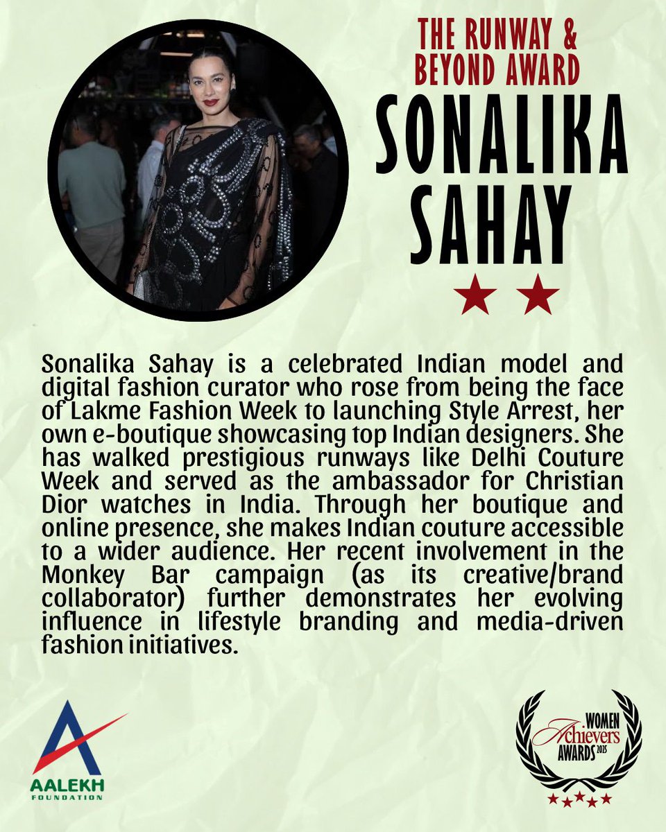 AalekhFoundOrg's tweet image. One of the 20 inspiring women felicitated at the Aalekh Foundation Women Achievers Awards 2025 (3rd Edition), Sonalika Sahay is a celebrated Indian model and digital fashion curator redefining the Indian couture narrative.
#RunwayAndBeyond #WomenAchievers2025 #IndianFashion