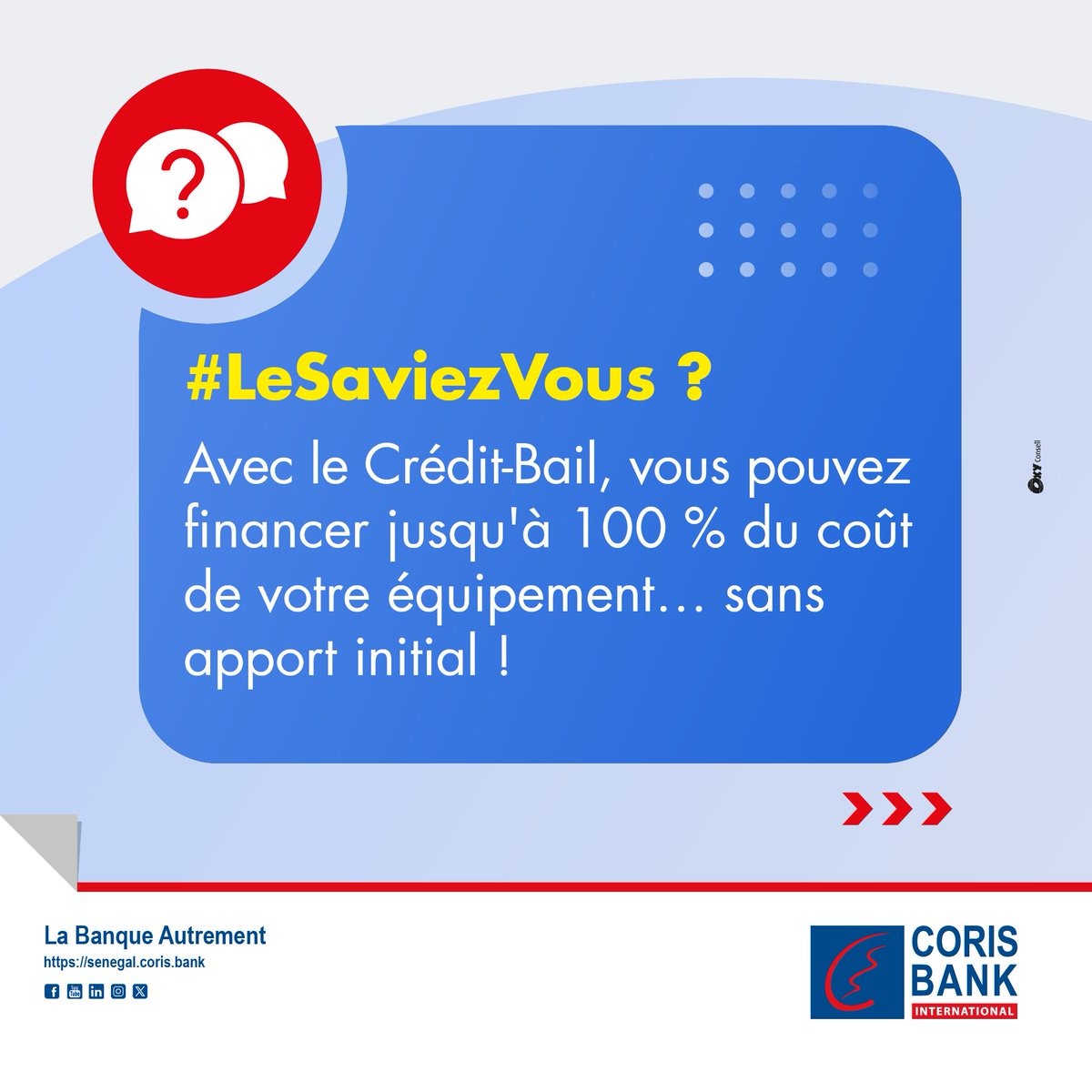 Entrepreneurs, PME, grandes entreprises...
Le Crédit-Bail Coris est une solution pensée par nous, pour vous, afin de vous permettre d’acquérir les équipements nécessaires au bon fonctionnement de votre business.
Ne manquez pas l’opportunité qui s’offre à vous !

#CBI_Sénégal