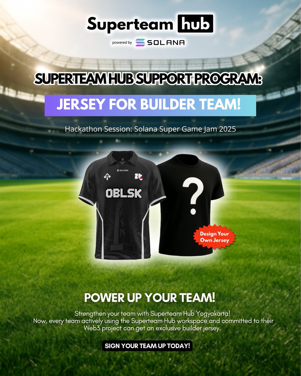 Think your team has what it takes to win the Solana Super Game Jam?

Superteam Hub Jogja is offering custom branded jerseys to teams who commit to building and contributing!

It's only Day 2 since launch—and we already have two teams deep in deep in the planning phase.