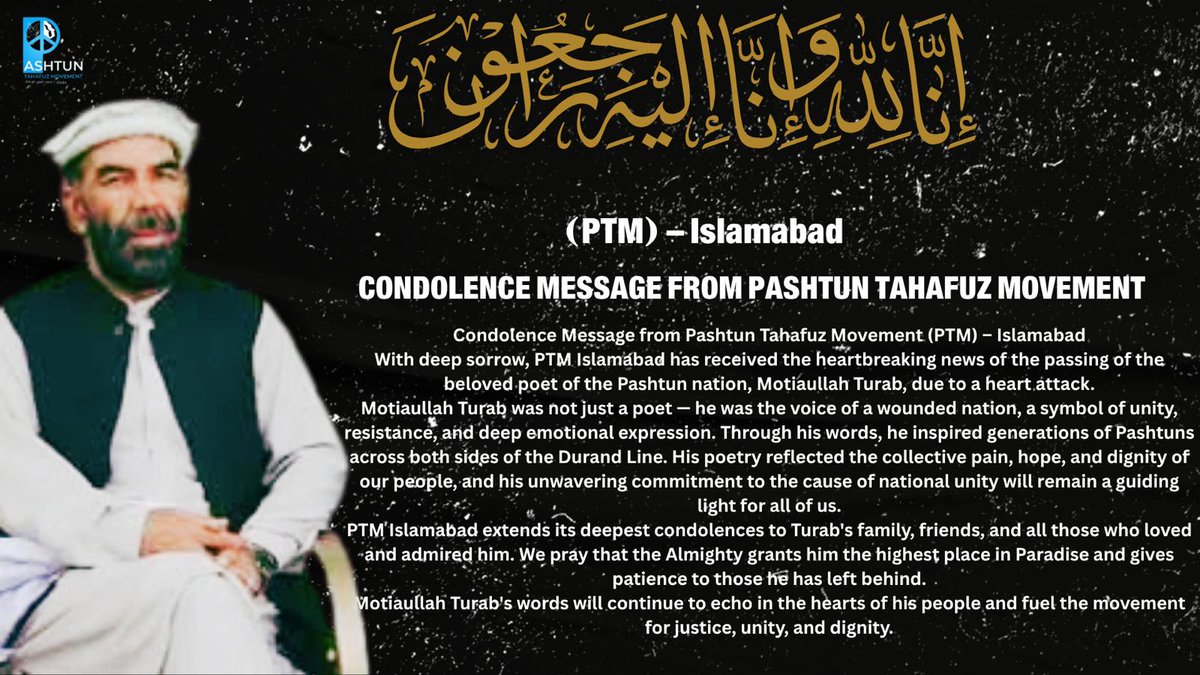 PashtunVoice_1's tweet photo. Matiullah Turab, the beloved poet of resistance, unity, and the shared pain of Pashtuns on both sides of the Durand Line, has passed away from a heart attack. A voice for national unity is silenced, but his words will echo forever.
Rest in power, Turab.
#MatiullahTurab https://t.co/KvLJ8jL0NE