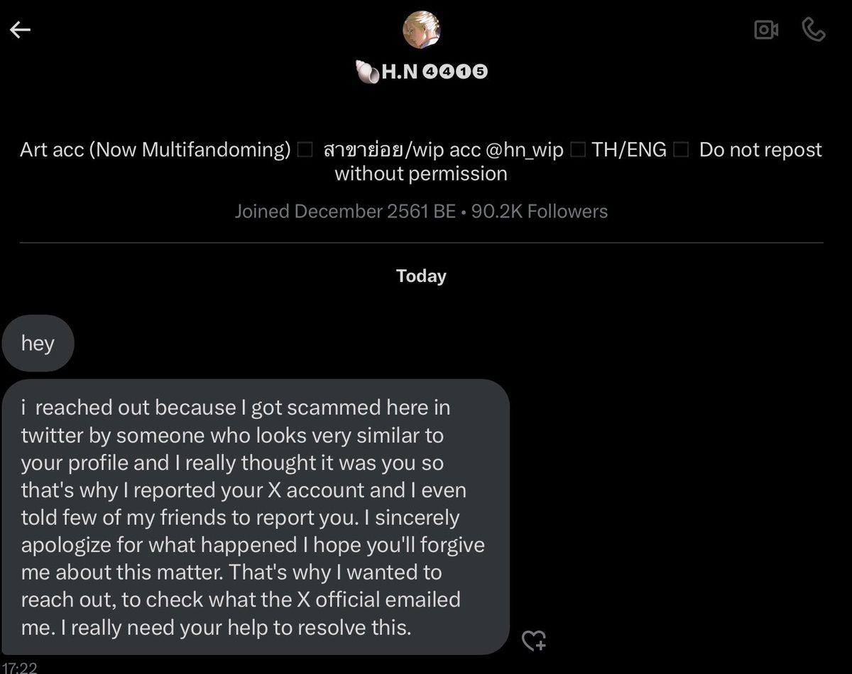 เตือนภัย emergency 🚨 

ทุกคนถ้าได้รับข้อความแบบนี้จากแอคเก่า ของคุณหอย คือสแกมเมอร์นะคับ เพราะเขาโดนแฮคแล้วสร้างแอคใหม่เป็น @.Hnisback4415 แล้ว รีพอร์ต บล็อกมันไปเลยนะคับ

เห็นในเม้นก็มีต่างชาติโดนเหมือนกันค่ะ ระวังกันด้วยนะ ตอนแรกที่นี่เห็นตกใจมาก