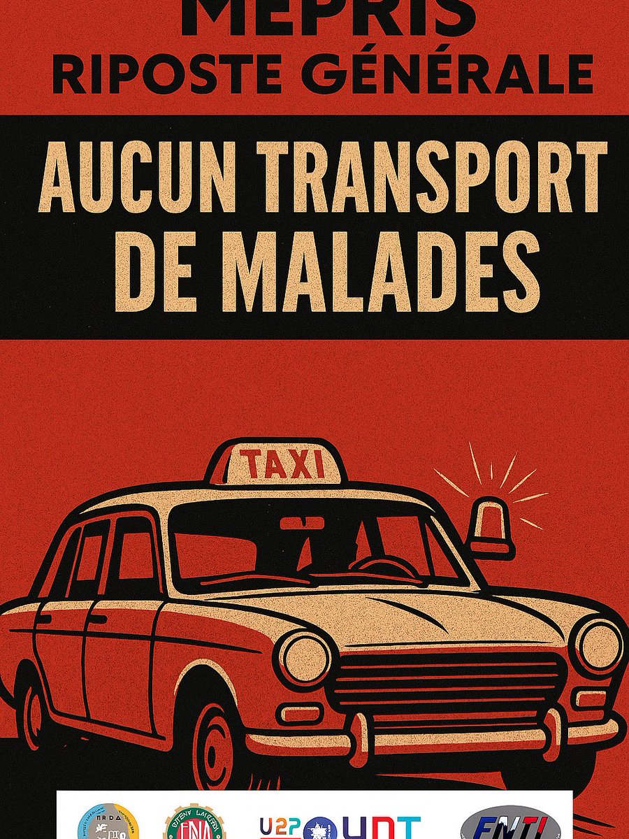 🚨 Le gouvernement ignore nos propositions sur le conventionnement.
📆 À partir du 5 septembre : AUCUN TRANSPORT DE MALADES.
✊ Mobilisation nationale reconductible.
📣 Signé : FNDT, FNAT, U2P, UNT, FNTI.
#TaxisEnLutte #StopMépris