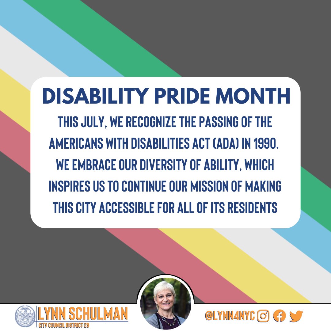 Lynn4NYC's tweet image. As a lifelong supporter of the inclusion of people with disabilities in the political and social fabric of our society, the celebration of
#DisabilityPride Month is pivotal in recognizing the accomplishments of disabled individuals, while continuing to fight for true equity!