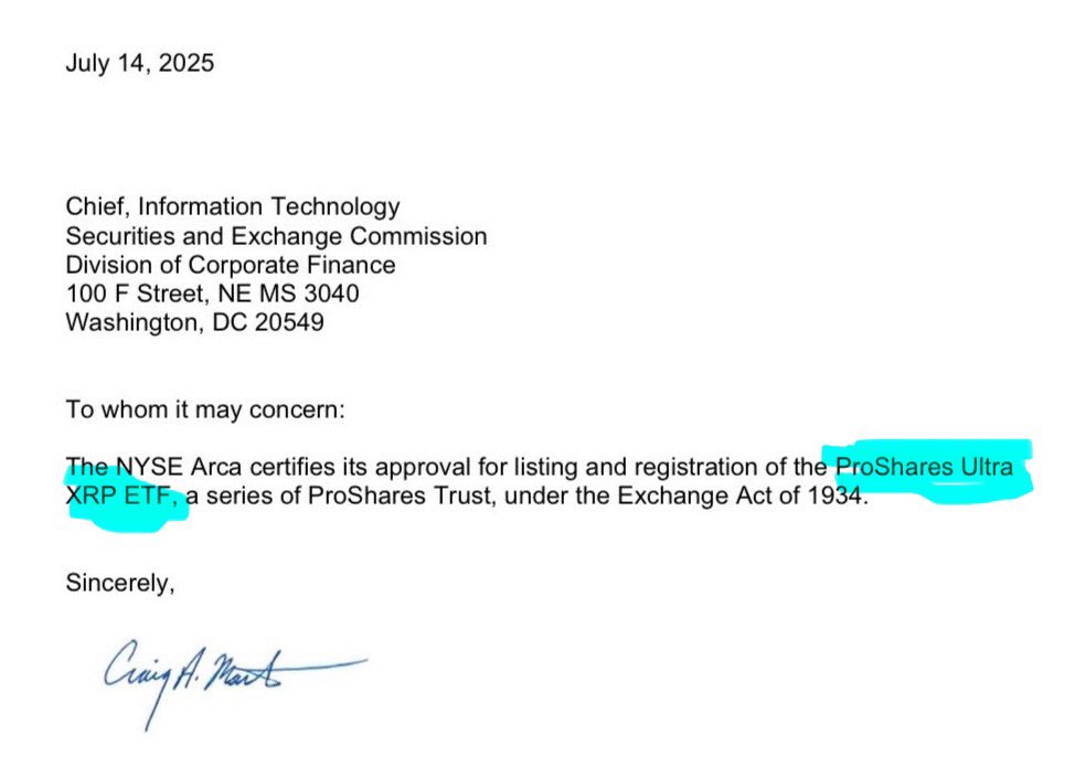 NYSE Arca grants approval for ProShares Ultra XRP ETF ($UXRP).