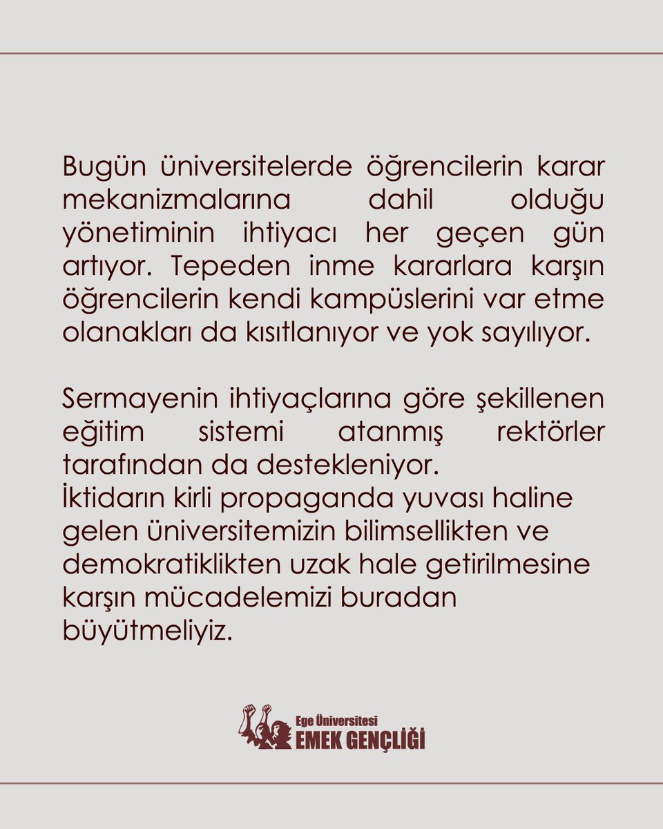 Tek adam iktidarının antidemokratik uygulamalarını kabul etmiyoruz! Öğrencilerin dahil olduğu karar mekanizmalarını üniversitemizde kurmak için birlikte mücadeleye ihtiyacımız var. Bu mücadeleyi hep birlikte büyütelim!
