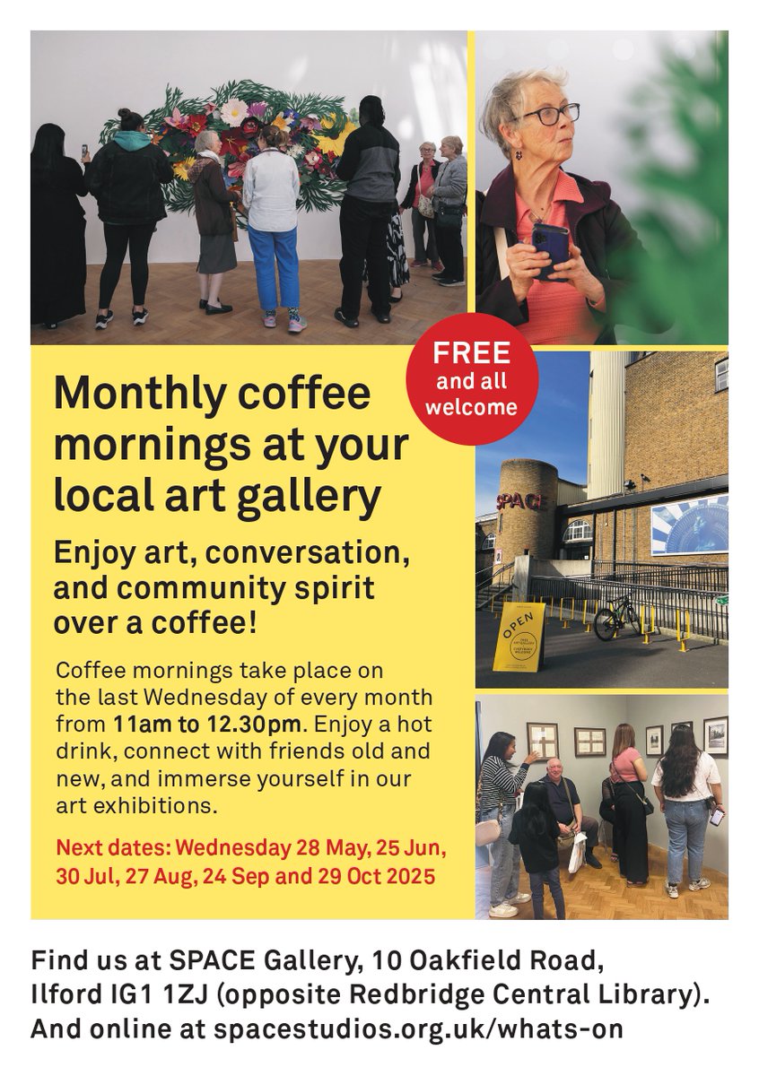 IlfordBID's tweet image. Monthly coffee mornings at SPACE Ilford. Coffee mornings take place on the last Wednesday of every month from 11am to 12.30pm.
Enjoy a hot drink, connect with friends old and new, and immerse yourself in our art exhibitions.
Next dates: Wednesday 30 Jul, 27 Aug, 24 Sep and 29…