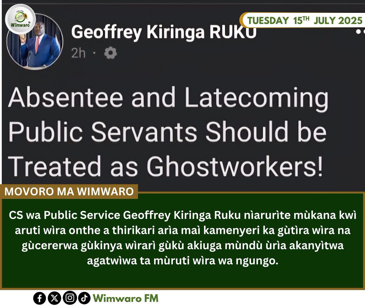 CS wa Public Service Geoffrey Kiringa Ruku nìarurìte mùkana kwì aruti wìra onthe a thirikari arìa maì kamenyeri ka gùtìra wìra na gùcererwa gùkinya wìrarì gùkù akiuga mùndù ùrìa akanyìtwa agatwìwa ta mùruti wìra wa ngungo.