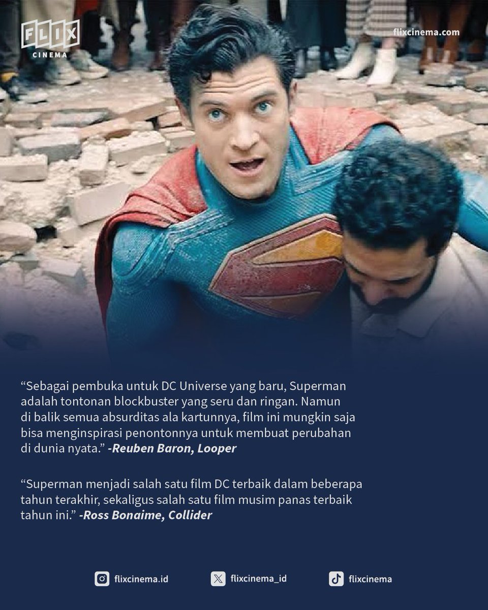 Setelah 12 tahun, Superman kembali ke layar lebar dengan cerita yang lebih segar!

Fun fact: film ini sudah dapet 83% di Tomatometer🍅

Yuk, rasakan epic-nya kembalinya Superman di FLIX Cinema! 🎬✨