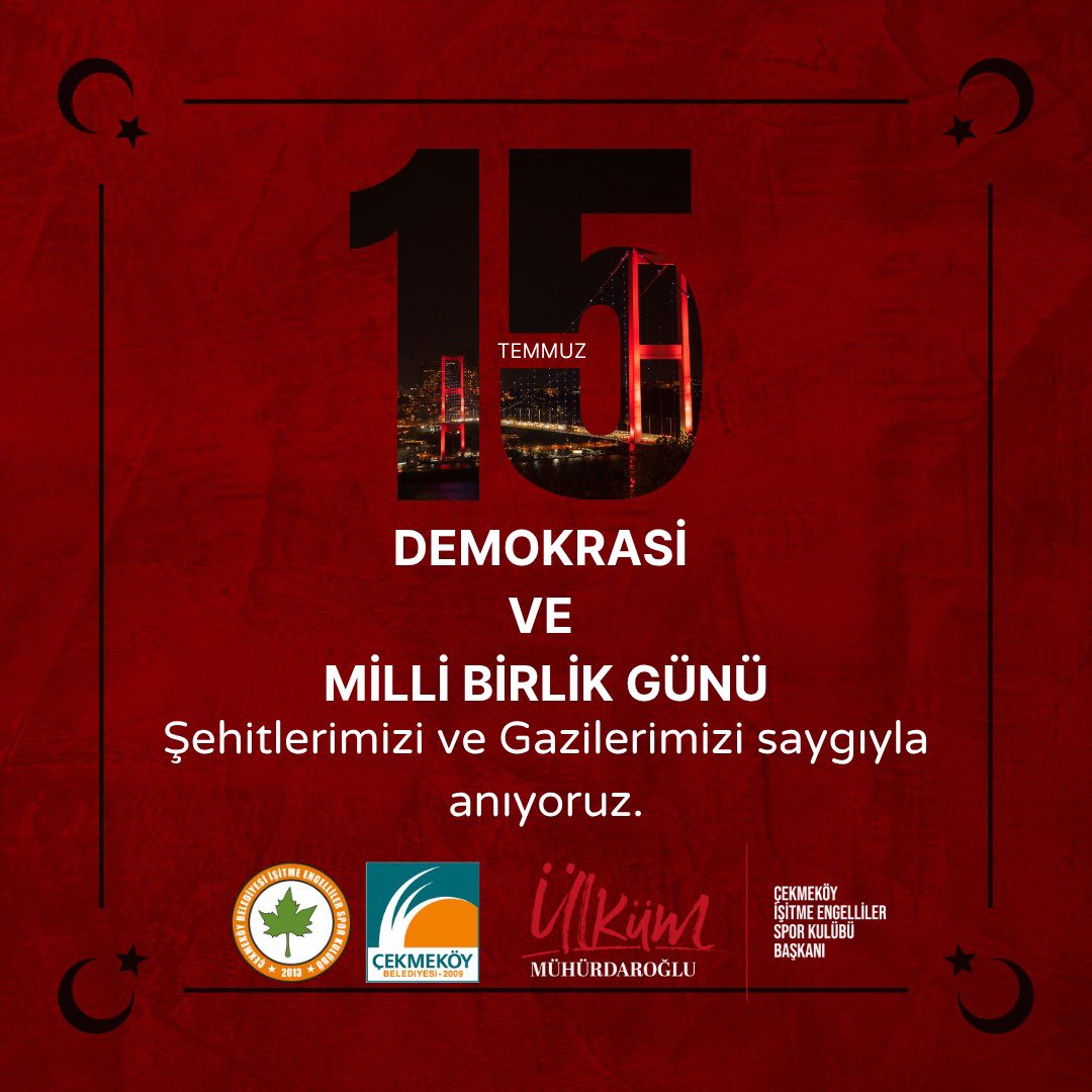 🇹🇷 15 Temmuz Demokrasi ve Millî Birlik Günü
Milletimizin iradesine sahip çıktığı, demokrasimizi hedef alan hain kalkışmaya karşı verilen destansı mücadelenin yıldönümünde;
tüm şehitlerimizi rahmetle, gazilerimizi minnet ve saygıyla anıyoruz.

#15Temmuz #DemokrasiVeMilliBirlikGünü