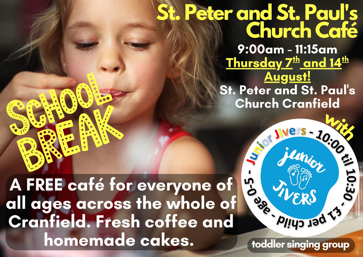 By popular demand we will be holding TWO SESSIONS of the church café with Junior Jivers in August. Older children are also very welcome to attend.
As usual - there will be fresh cakes and coffee available by donation, and Junior Jivers singing and story time will start at 10am.