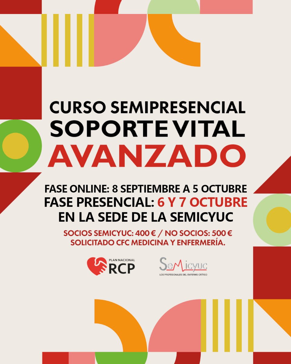 No te pierdas el curso semipresencial de Soporte Vital Avanzado, cuya fase presencial será el 6 y 7 de octubre en la sede de la SEMICYUC de Madrid. Para medicina y enfermería. Inscripción ya disponible. ¡Solo 24 plazas!
Más información en semicyuc.org/2025/04/curso-…
@plannacionalrcp