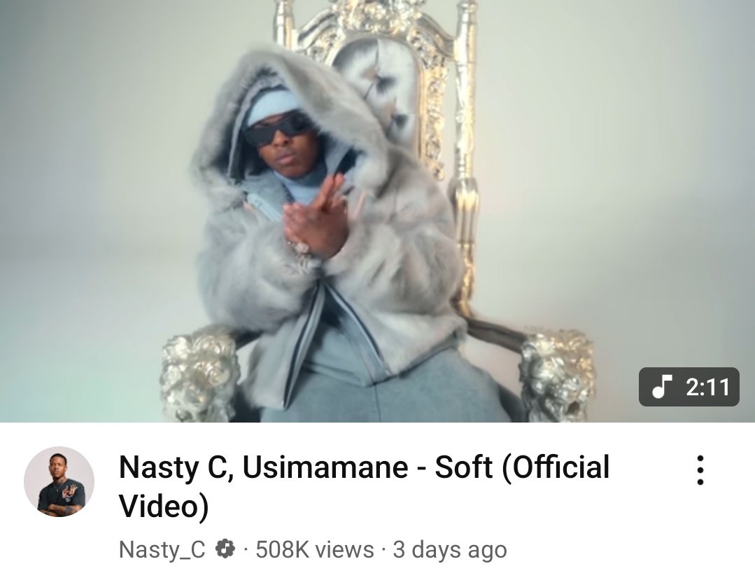 ArtistDisc_SA's tweet image. “Soft” (Official Music Video) by Nasty C featuring Usimamane is over 500K views on YouTube in just 3 days🤯🔥❗❗❗
No Label No Problem for Nasty C🐐‼️.
How many days do you think it will take to reach a million views⁉️👀🔥
YouTube Link: youtu.be/NKf_CMtp36k?si…