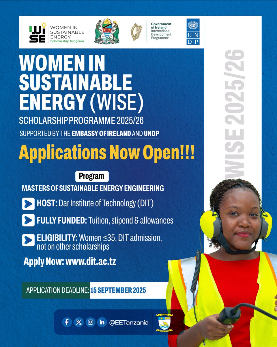 🎓We’re thrilled to launch the 3rd cohort of the Women in Sustainable Energy (WISE) Scholarship Programme! Funded by <a href="/IrlEmbTanzania/">Irish Embassy Dar</a> &amp; <a href="/undptz/">UNDP Tanzania</a>, this initiative supports Tanzanian women to become leaders in the energy transition. 
🔗 Apply today: dit.ac.tz
