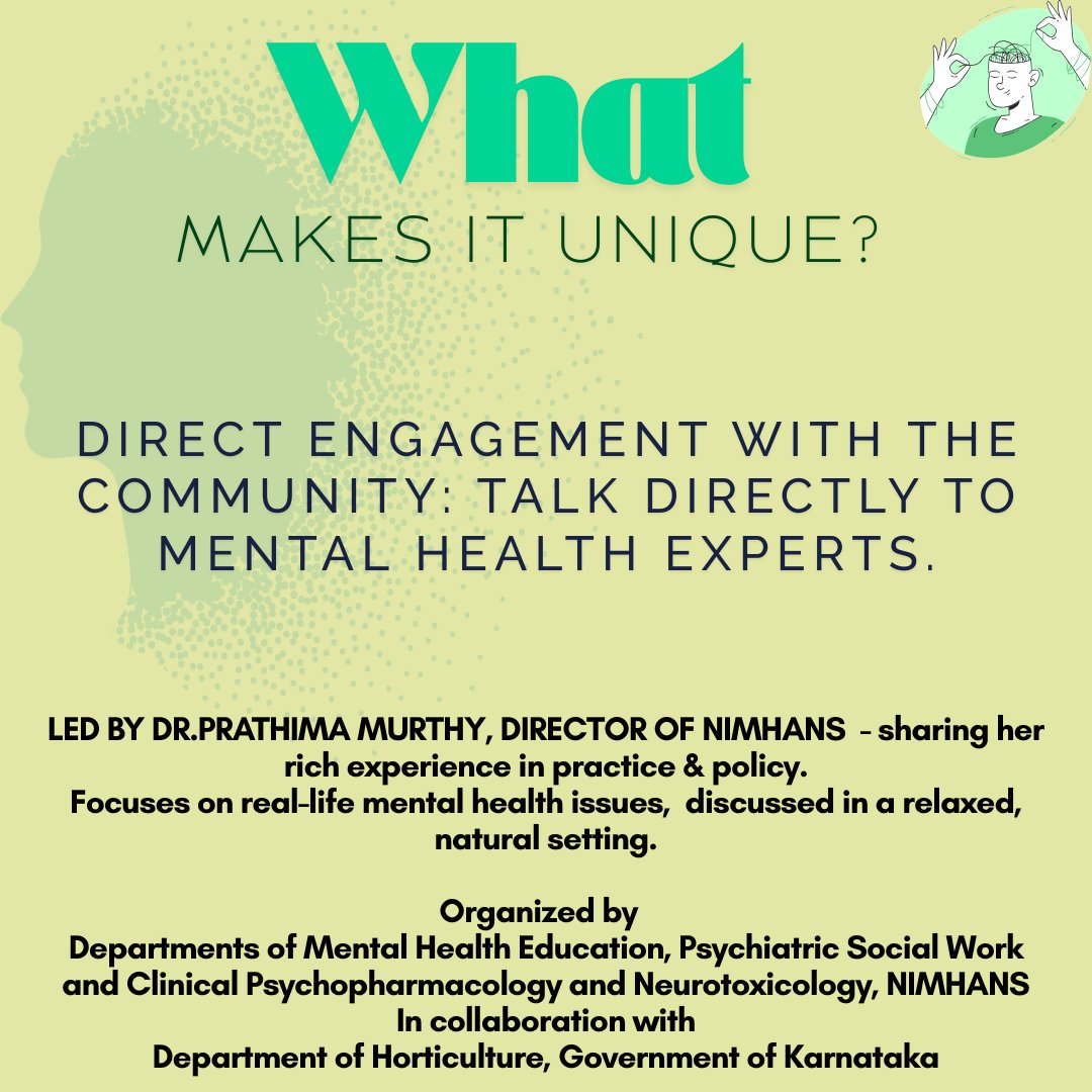 NIMHANS_BLR's tweet image. Community Connect by NIMHANS and Dept of Horticulture, Govt of Karnataka is a unique meet-up at Lalbagh, led by Dr. Pratima Murthy, where mental health experts and the public engage in open conversations to promote healing and community well-being.
#CommunityConnect
#MentalHealtH