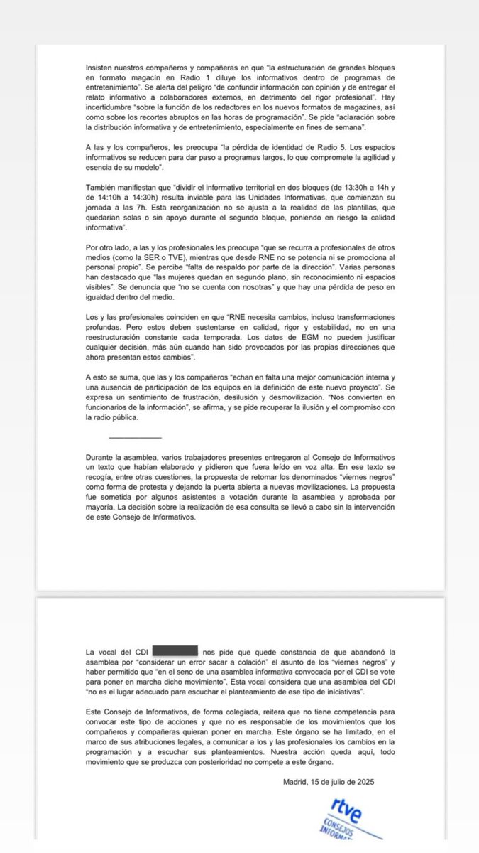Consejo de Informativos RNE (@cdirne) on Twitter photo Este Consejo ha comprobado, a través de los mensajes recibidos y de la asamblea celebrada este lunes en la Casa de la Radio, las inquietudes de la plantilla sobre la nueva programación de <a href="/rne/">Radio Nacional</a>. En el acta, que se adjunta, hemos omitido nombres por protección de datos. Este Consejo ha comprobado, a través de los mensajes recibidos y de la asamblea celebrada este lunes en la Casa de la Radio, las inquietudes de la plantilla sobre la nueva programación de <a href="/rne/">Radio Nacional</a>. En el acta, que se adjunta, hemos omitido nombres por protección de datos.