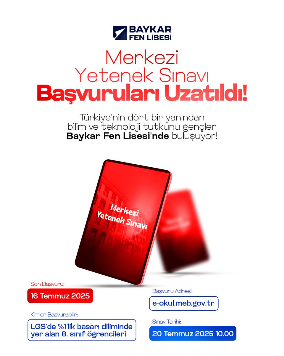 📣 BAŞVURU SÜRESİ UZATILDI!

🕒 Merkezi Yetenek Sınavı başvuruları 16 Temmuz 2025, saat 23.59'a kadar uzatılmıştır!

📌 Başvuru için:
e-okul.meb.gov.tr | baykarfenlisesi.com/tr/basvur