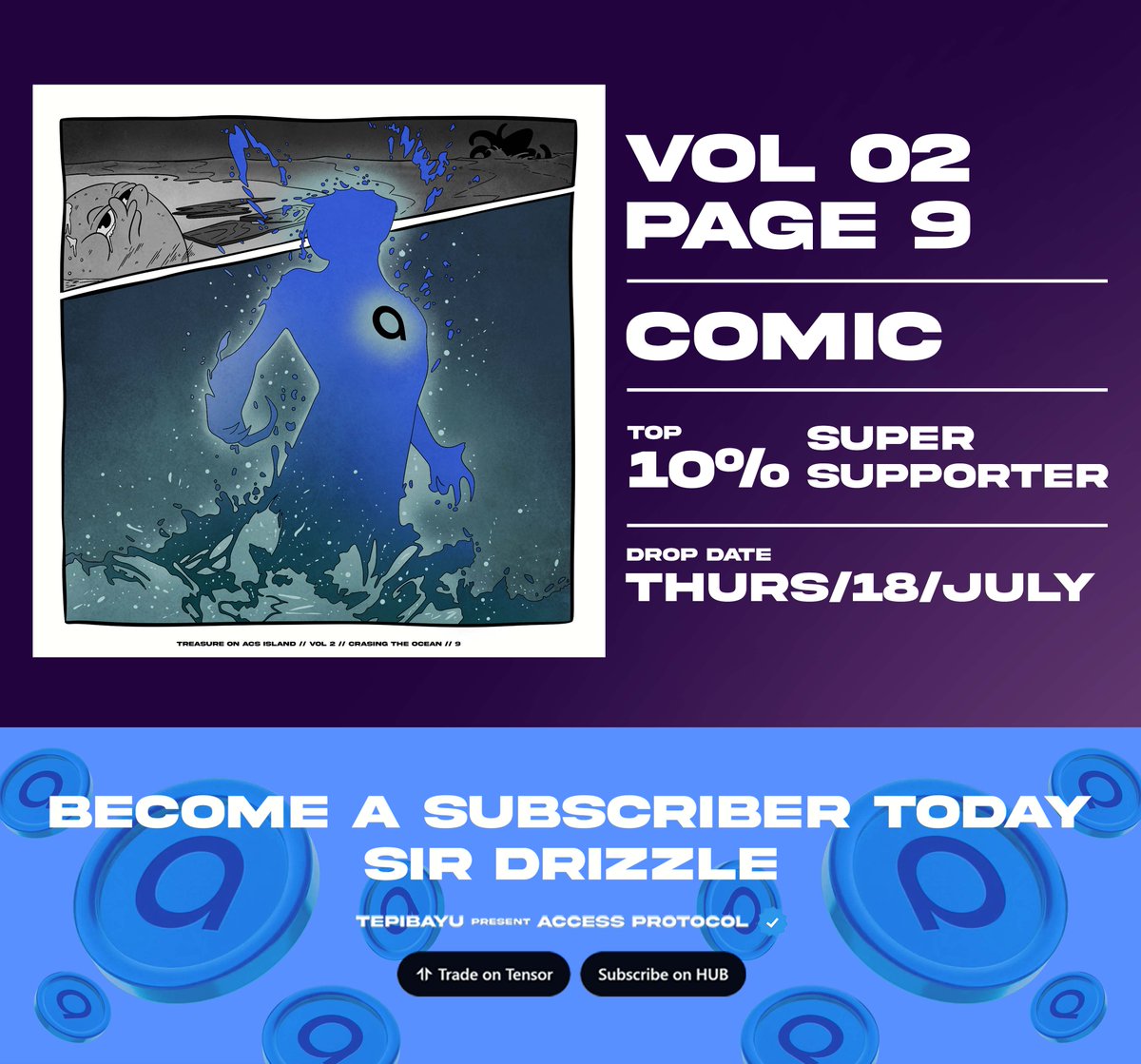 TREASURE on ACS Island, the first comic series.
<a href="/AccessProtocol/">Access Protocol</a>

Vol. 2  Crashing the Ocean//Page 9  
Become a Subscriber today 👇

hub.accessprotocol.co/en/creators/si…