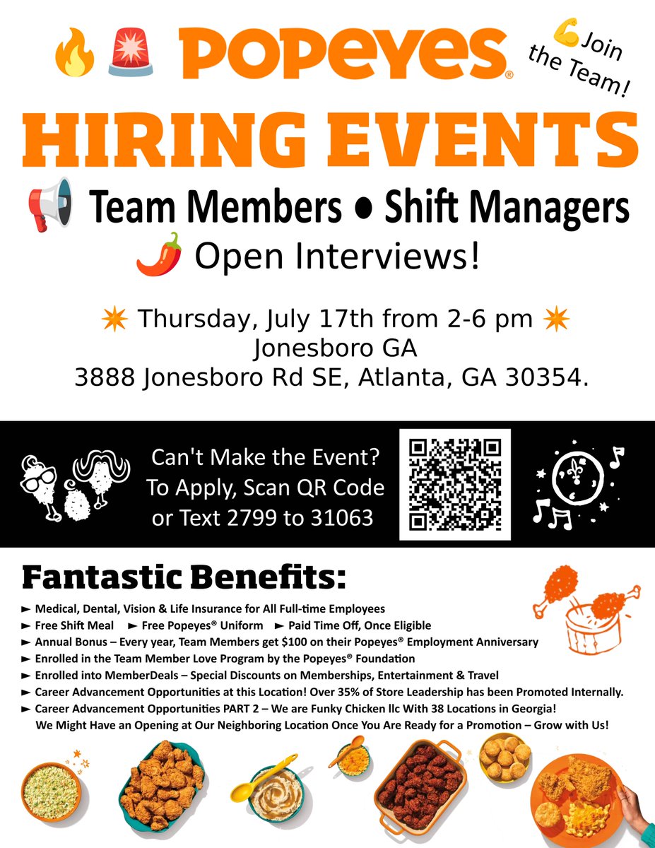 FunkyChickenATL's tweet image. Spice up your career with Popeyes! We&apos;re hosting an EXCITING hiring event to find our next Team Members &amp;amp; Shift Managers! OPEN INTERVIEWS! THURSDAY JULY 17th from 2-6 pm @ Jonesboro GA: 3888 Jonesboro Rd SE, Atlanta, GA 30354. Ready to join the flavor-packed team? #jonesboroGa