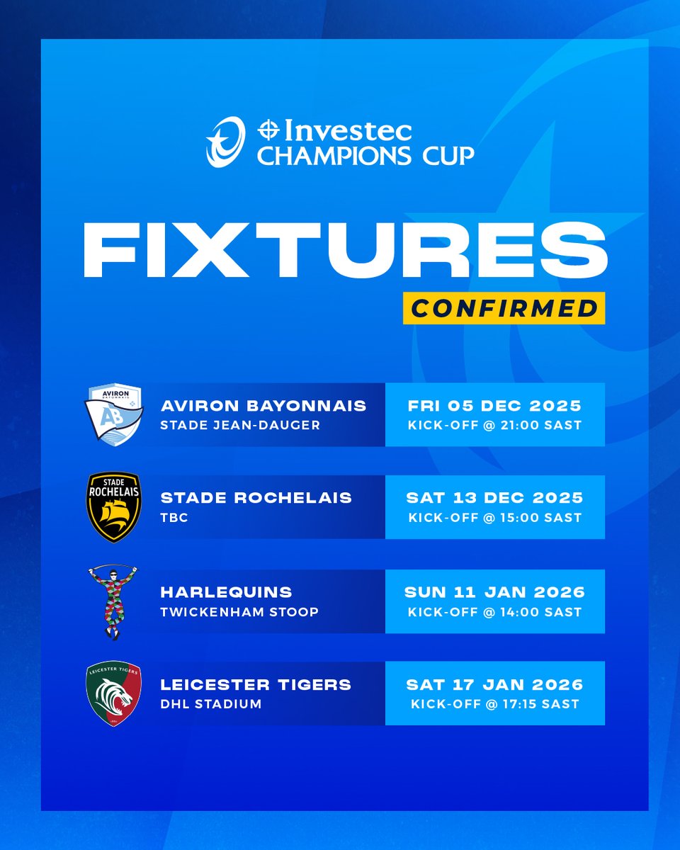 THESTORMERS's tweet image. 🔒 Our 25/26 Investec @ChampionsCup Pool fixtures are locked in.
✈️ v @avironrugbypro
🏡 v @staderochelais
✈️ v @Harlequins
🏡 v @LeicesterTigers
#iamastormer