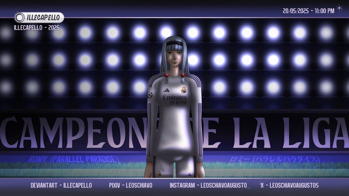 IlleCapello's tweet image. Romy (Parallel Paradise) wears 2025/26 Real Madrid home kit, but in white and purple.  

Fanart by me.  

#パラレルパラダイス #イラスト #parallelparadise #romy #robot #girl #anime #manga #fanart #lynnokamoto #illecapello #bluehair #white #purple #spain #realmadrid #football