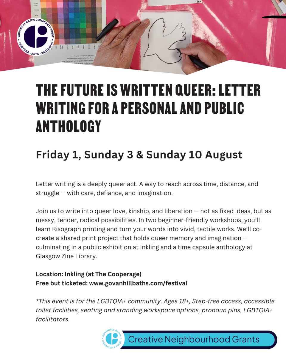 GovanhillBaths's tweet image. From radical letter-writing, dance, shared rituals to printmaking, these events spotlight queer creativity, memory and community. 🏳️🌈📝
Held by LGBTQIA+ voices, they offer space to connect, reflect and imagine otherwise.
🎟️govanhillbaths.com/festival-whats…
#GIFC 2025 @WhatsOnGlasgow
