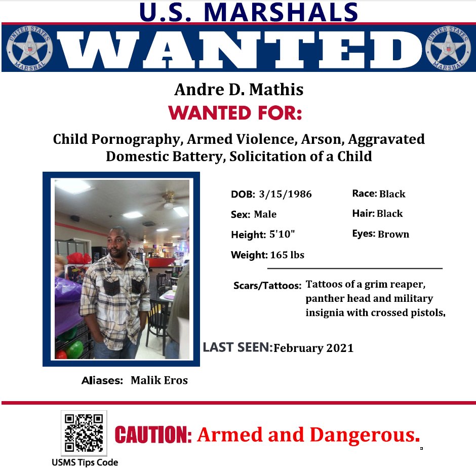 USMarshalsHQ's tweet image. Andre D. Mathis is wanted by the U.S. Marshals. To submit a tip about a fugitive, go to usmarshals.gov/tips.
#USMarshals #USMarshalswanted