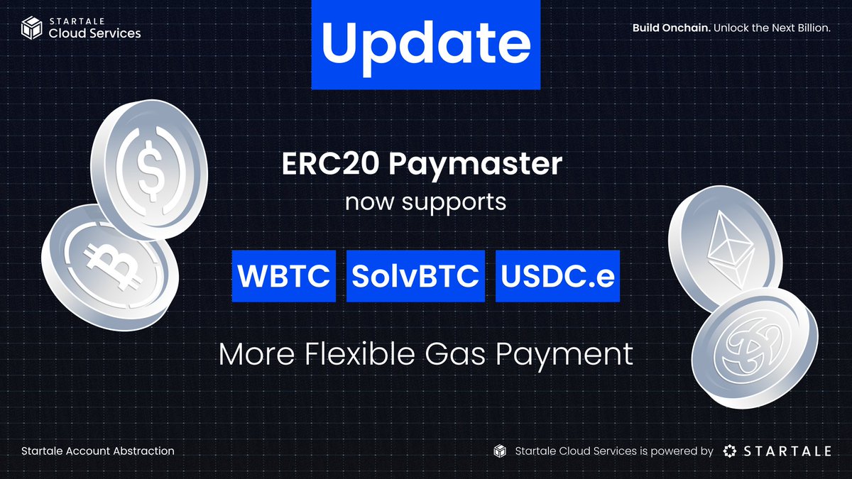 Startale Cloud Services💿 (@startalecs) on Twitter photo Gas just got way more flexible on @Soneium.
Startale Account Abstraction now supports ERC-20 gas payments with USDC.e, WBTC, and SolvBTC in addition to ETH and ASTR.
No more “wrong token” errors. Just seamless UX.
Shout-out to <a href="/kyofinance/">Kyo on Soneium 💿</a> for leading the way with full Gas just got way more flexible on @Soneium.
Startale Account Abstraction now supports ERC-20 gas payments with USDC.e, WBTC, and SolvBTC in addition to ETH and ASTR.
No more “wrong token” errors. Just seamless UX.
Shout-out to <a href="/kyofinance/">Kyo on Soneium 💿</a> for leading the way with full