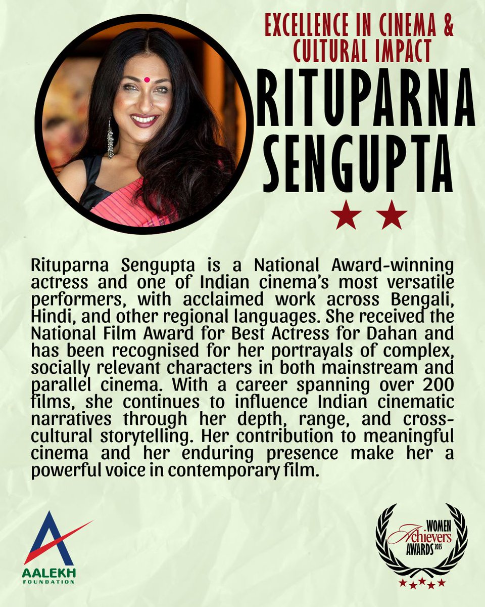 AalekhFoundOrg's tweet image. One of the 20 iconic women honoured at the Aalekh Foundation Women Achievers Awards 2025 (3rd Edition), Rituparna Sengupta stands tall as a powerhouse of Indian cinema whose work spans languages, genres, and generations
#WomenAchievers2025 #IndianCinema #CulturalIcon #Trailblazer
