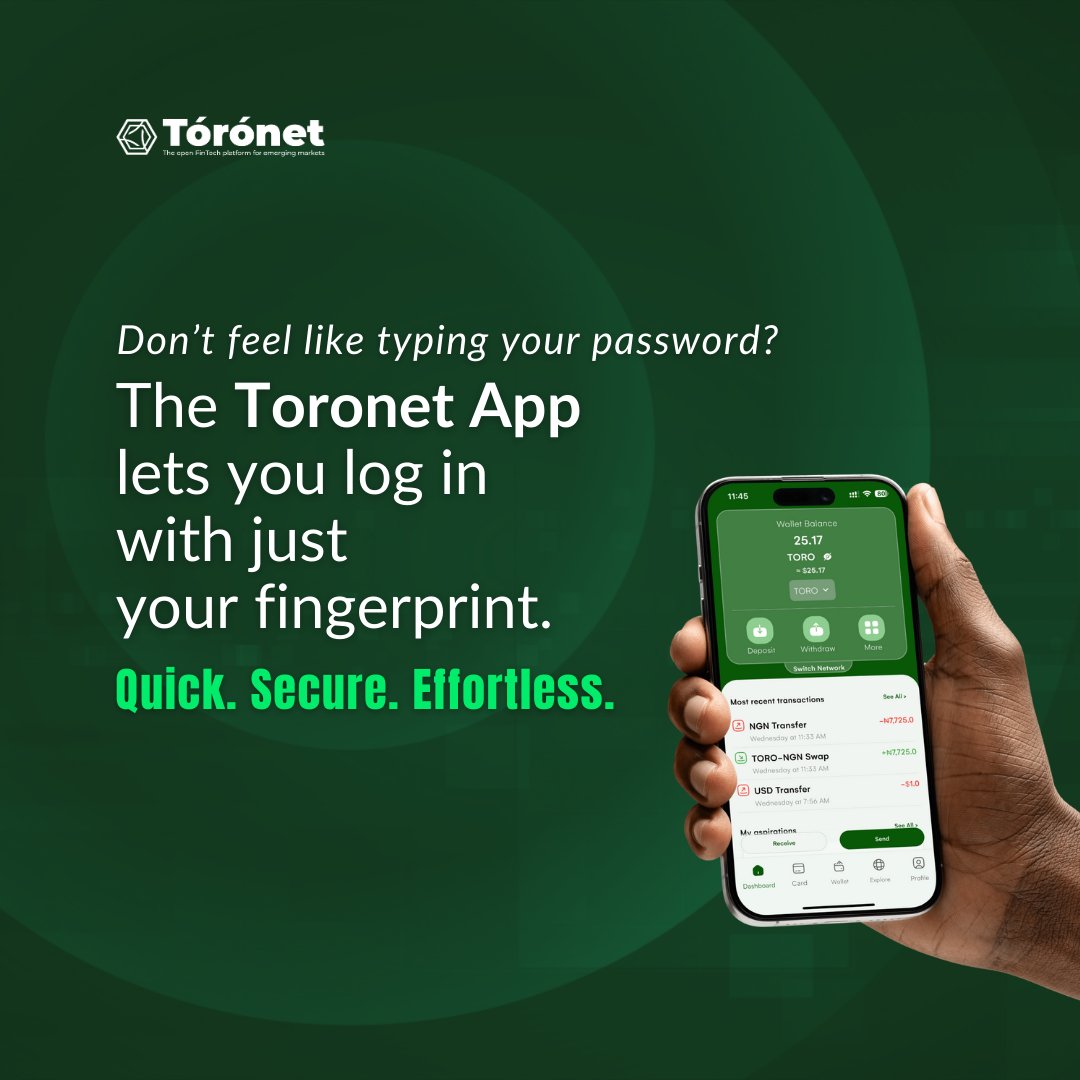 Skip the passwords.
Just tap and go.

With Toronet’s fingerprint login, your wallet unlocks with one simple touch—fast, secure, and built for everyday ease.

No more typing. No more forgetting.
Your finger is your key. 🧬

#Toronet #Toronetwallet