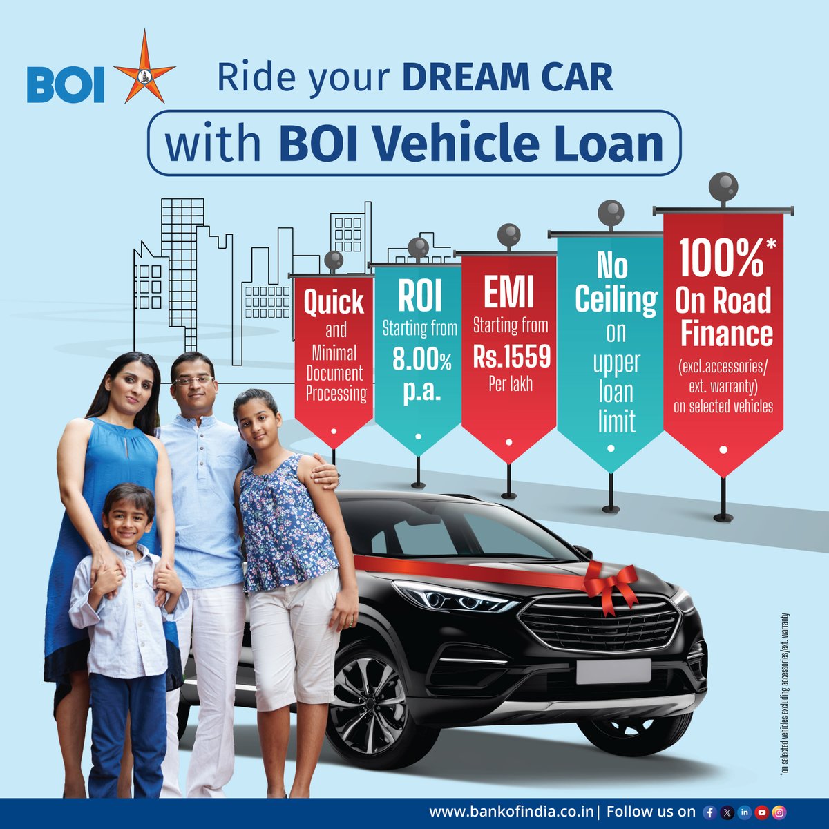 Bank of India (@bankofindia_in) on Twitter photo Your New Dream Car Awaits! With Bank of India Car Loan, experience quick processing and 100% on-road finance on select vehicles. Get started with EMIs as low as Rs. 1559 per lakh and an ROI from 8.00% p.a. Drive hassle-free! Apply Now: bit.ly/44M1CUl
#BankofIndia Your New Dream Car Awaits! With Bank of India Car Loan, experience quick processing and 100% on-road finance on select vehicles. Get started with EMIs as low as Rs. 1559 per lakh and an ROI from 8.00% p.a. Drive hassle-free! Apply Now: bit.ly/44M1CUl
#BankofIndia