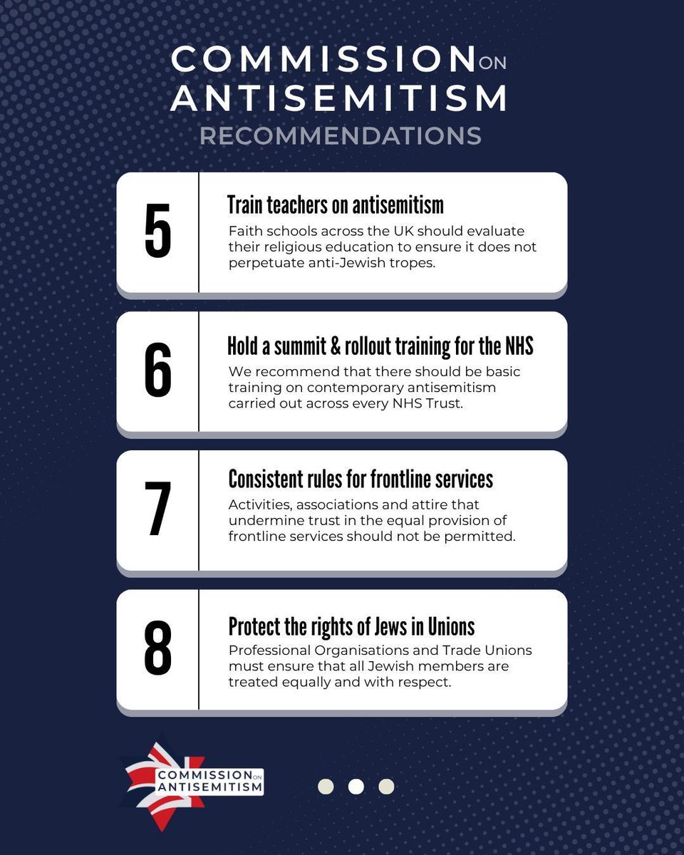 BoardofDeputies's tweet image. Today we have launched a landmark report of our Commission on Antisemitism, chaired by Dame Penny Mordaunt and John, Lord Mann. Here are our 10 recommendations.
Head to bod.org.uk/antisemitism-c… to read more.