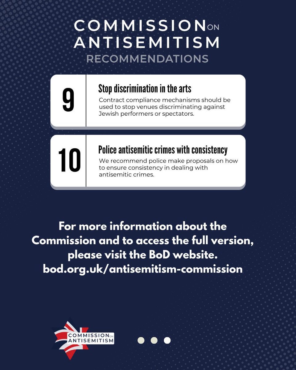BoardofDeputies's tweet image. Today we have launched a landmark report of our Commission on Antisemitism, chaired by Dame Penny Mordaunt and John, Lord Mann. Here are our 10 recommendations.
Head to bod.org.uk/antisemitism-c… to read more.
