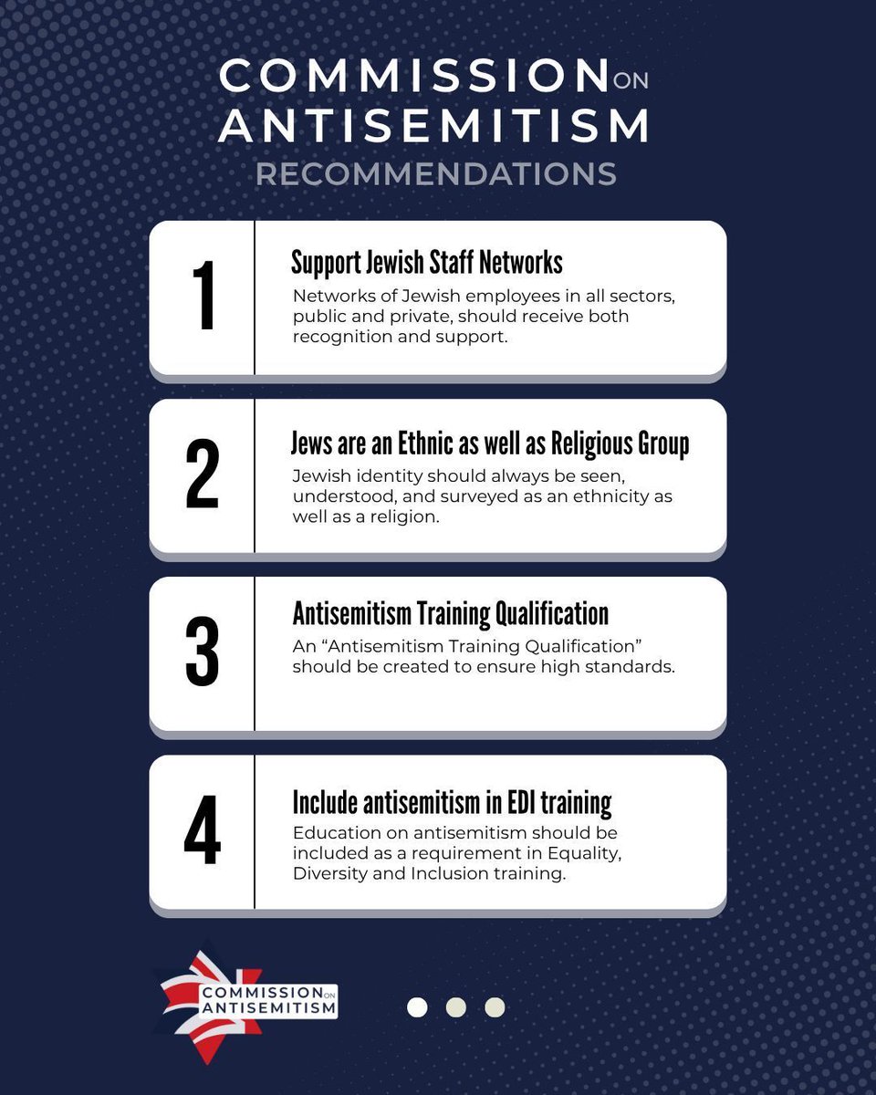 BoardofDeputies's tweet image. Today we have launched a landmark report of our Commission on Antisemitism, chaired by Dame Penny Mordaunt and John, Lord Mann. Here are our 10 recommendations.
Head to bod.org.uk/antisemitism-c… to read more.