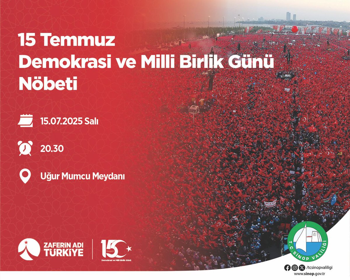 🇹🇷15 Temmuz Demokrasi ve Milli Birlik Günü Nöbetine Tüm Halkımız Davetlidir.

🗓 15 Temmuz 2025 Salı
🕚 Saat 20.30
📍 Uğur Mumcu Meydanı

#ZaferinAdıTürkiye🇹🇷
#15Temmuz