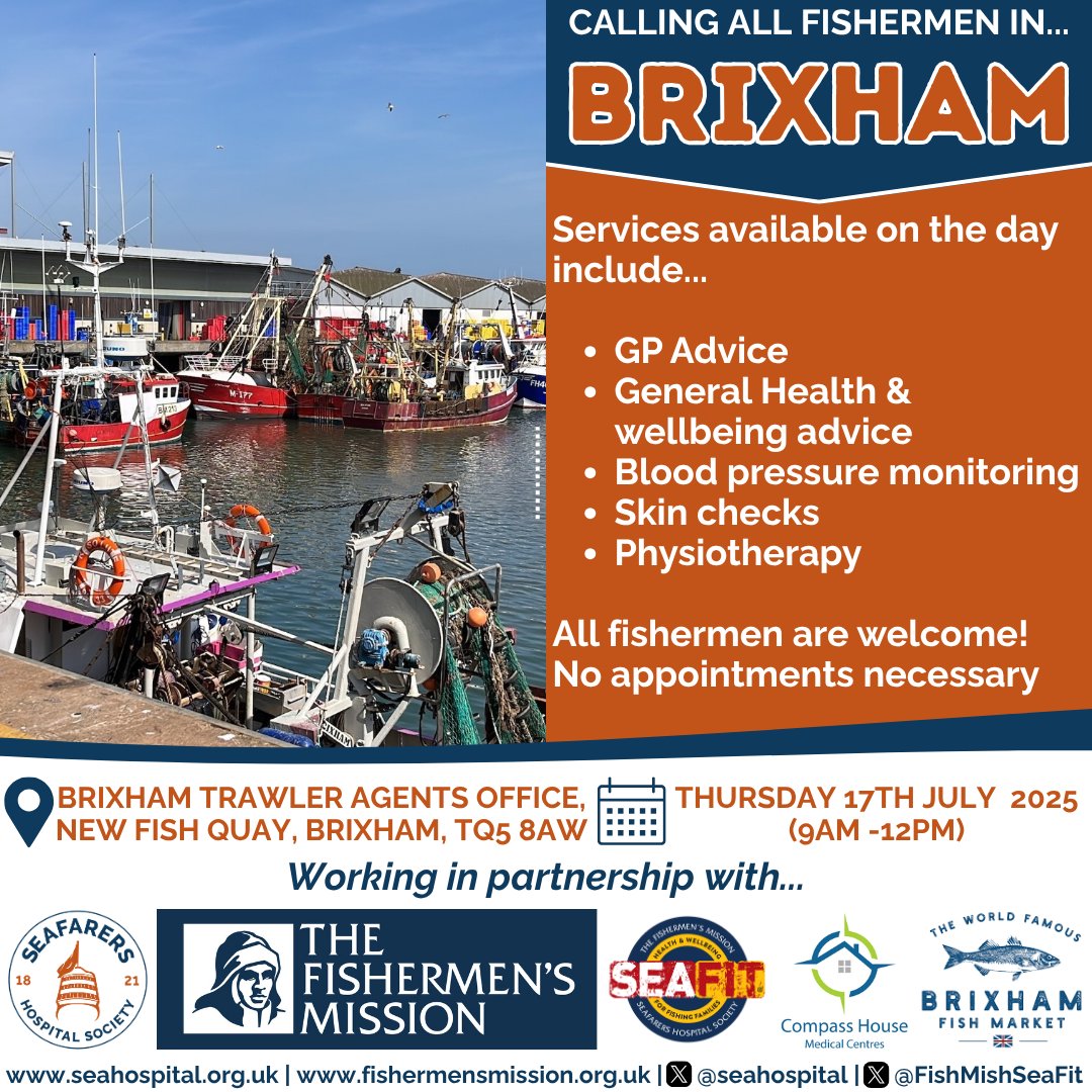 seahospital's tweet image. This Thursday we are joining our partners from @thefishmish, @CompassHouseGP and @Brixhamfishmkt for the latest Fishing for Better Health event, offering Brixham fishermen FREE and CONFIDENTIAL health services and advice on the quayside.
No appointments necessary!