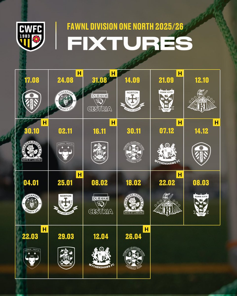 📢 25/26 LEAGUE FIXTURES 📢

And here they are! Your Chorley Women FC fixtures for the <a href="/FAWNL/">FA Women's National League</a> Division One North 25/26 season 🙌 

Let us know which fixtures you’re looking forward to in the comments ⬇️ 

#CWFC #FAWNL