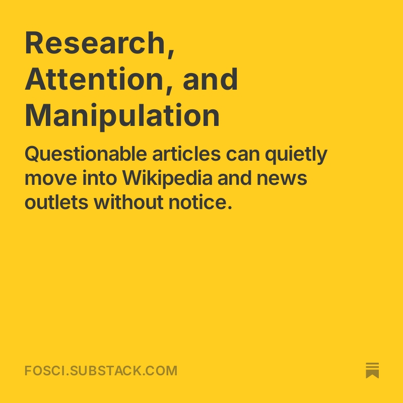 digitalsci's tweet photo. ⚠️ This new blog post issues a warning: Co-authors Federica Silvi & Leslie McIntosh use @altmetric to investigate how questionable articles can move into Wikipedia and news outlets without notice.
🔗 See more at the #FoSci Substack: https://t.co/pwidhEUp9p https://t.co/gFBQCs7n1A