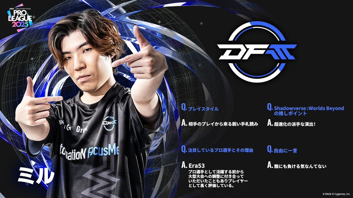 ShadowverseRAGE's tweet image. 【#RSPL 2025】
RSPL2025参戦チームの選手をご紹介!
🔵DetonatioN FocusMe
ミル @bbq_mill
Spicies @Spicies_
ユーリ@yuuri8540
🔗公式HP
pro-league.shadowverse-wb.com/?utm_source=t.…