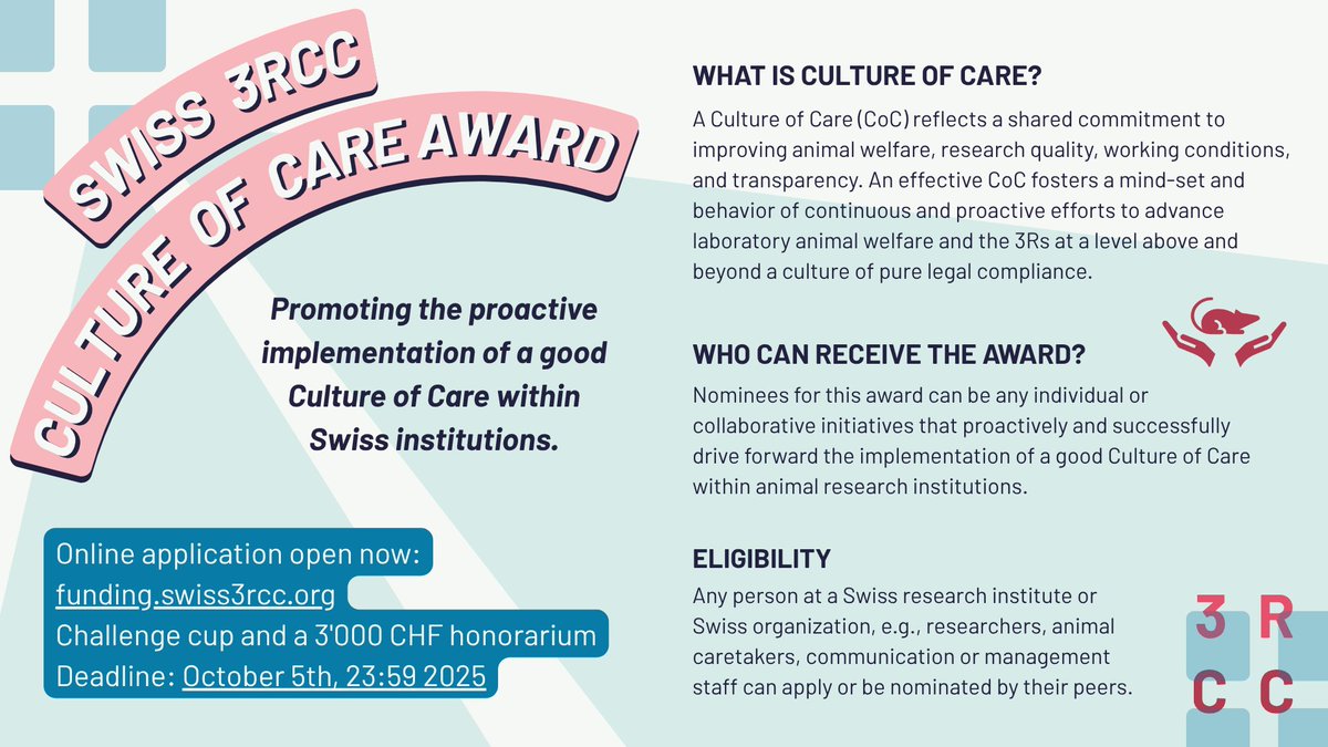 Swiss3RCC's tweet image. 🌟 Applications now open for the 3RCC Culture of Care Award! 🌟
Is your team championing animal welfare, research quality, staff wellbeing, or transparency? Nominate or apply now!
🏆CHF 3,000 + trophy
📅Deadline: Oct 5, 2025
📩funding.swiss3rcc.org
#CultureOfCare #3Rs