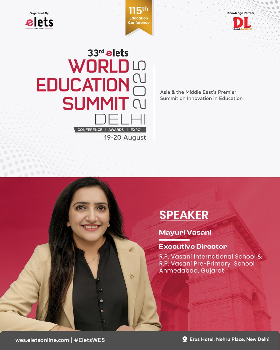 At the 33rd Elets World Education Summit Delhi, Mayuri Vasani, Executive Director, R.P. Vasani International School &amp; R.P. Vasani Pre-Primary School, Ahmedabad, Gujarat, will join as a speaker.

Express Interest: bit.ly/wesdelhi

#Elets #EletsWES #WESDelhi2025
