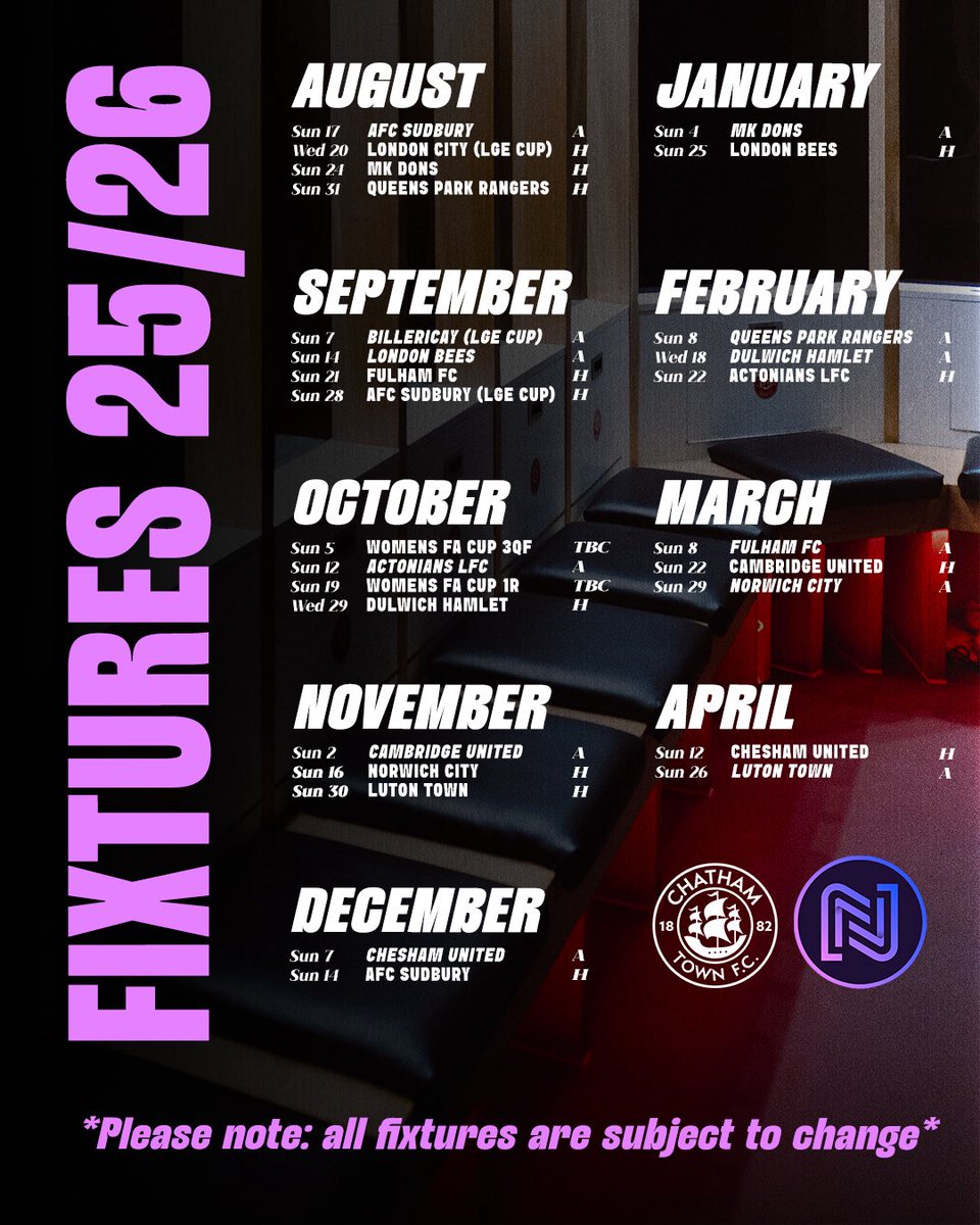 ChathamTownWFC's tweet image. Our full 2025/26 @FAWNL schedule. ๐
๐ดโช๏ธโซ๏ธ #UpTheChats | #InThisTogether