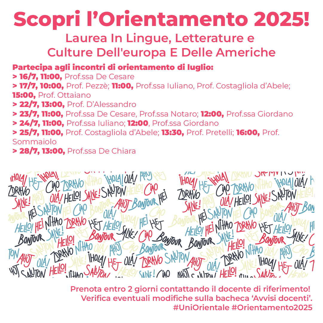 Università di Napoli L'Orientale (@uniorientale) on Twitter photo 📣 Esplora il corso di Lingue, Letterature e Culture dell'Europa e delle Americhe
Durante gli incontri i docenti daranno agli studenti informazioni sul corso di studi.
Ecco gli incontri di luglio:
ow.ly/J4aB50Wp8mK 📣 Esplora il corso di Lingue, Letterature e Culture dell'Europa e delle Americhe
Durante gli incontri i docenti daranno agli studenti informazioni sul corso di studi.
Ecco gli incontri di luglio:
ow.ly/J4aB50Wp8mK