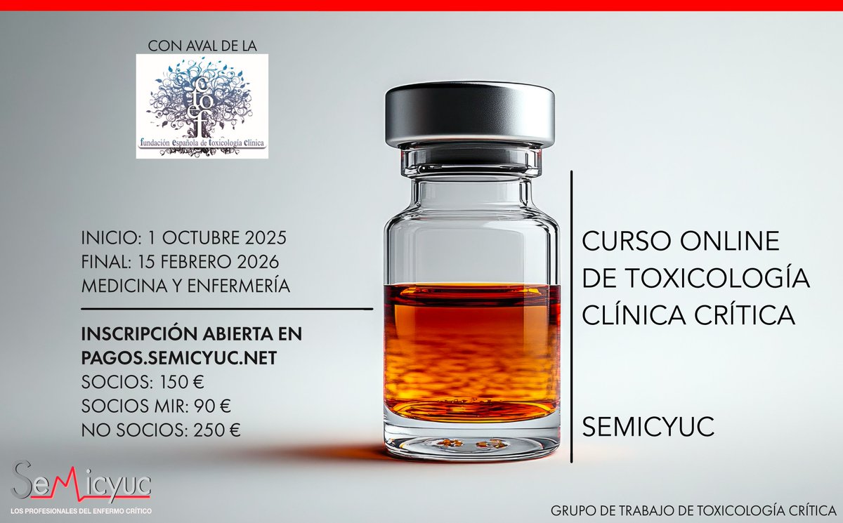 La Fundación Española de Toxicología Clínica ha otorgado su aval científico al Curso Online de Toxicología Clínica Crítica de la SEMICYUC. 
No dejes pasar la oportunidad de profundizar y consolidar conocimientos en este área cada vez más pertinente en el manejo del paciente