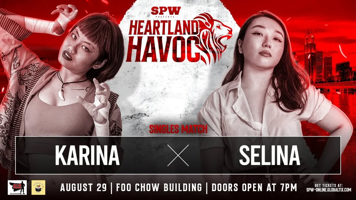SgProWrestling's tweet image. ⚠️ SPW HEARTLAND HAVOC MATCH ANNOUNCEMENT
Singles Match
Selina vs "Mad Kat" Karina
📅 29 August 2025 | 7PM
📍 21 Tyrwhitt Road, Foo Chow Building